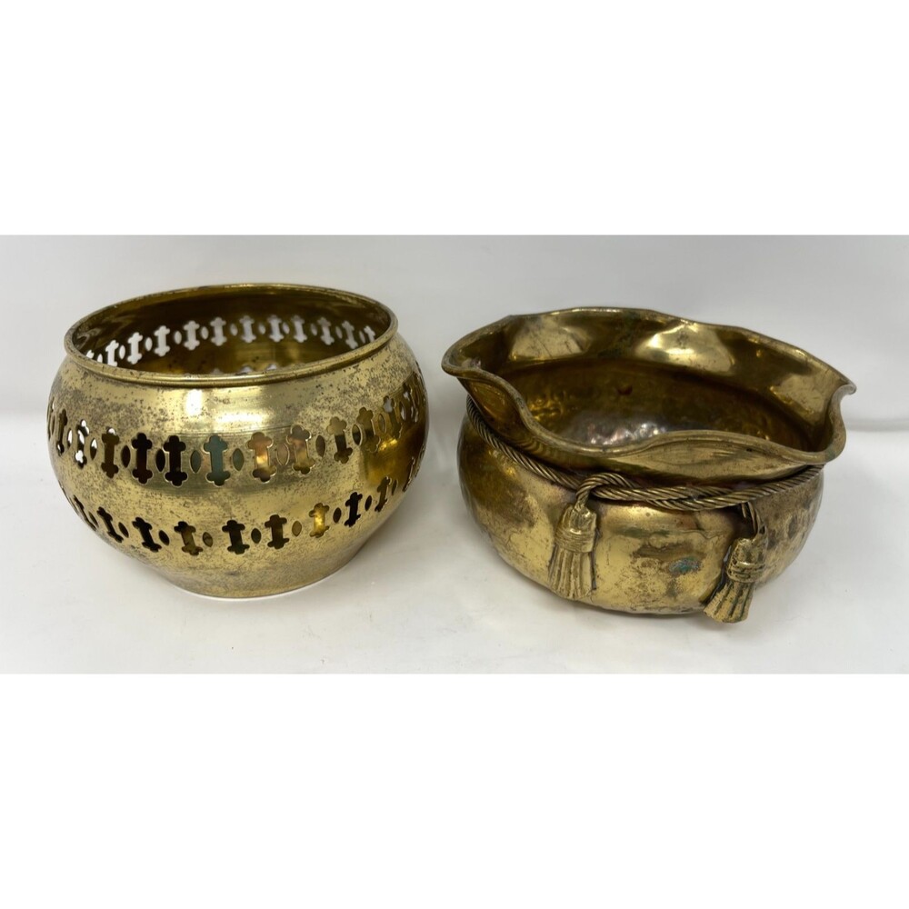 2x Vintage Brass Bowl Curled Edges/Rope Tie + Bowl Cut Out Aged Tarnished Plante